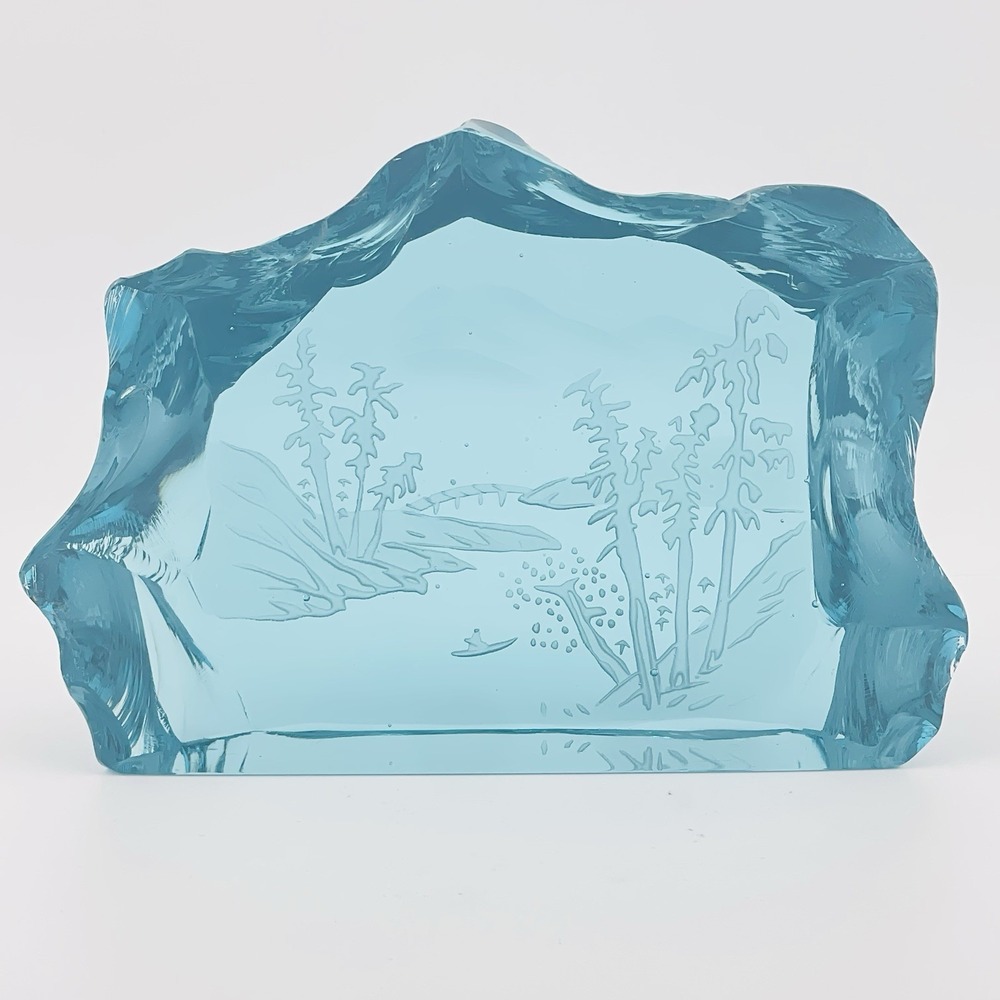 Glass Block ICEBERG Paperweight Sculpture Etched Water Canoe Mountains Trees